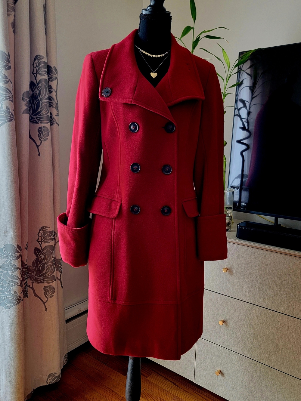 DKNY Lacquer Red Wool Cashmere Blend Double Breasted Long Pea Coat - Size 6